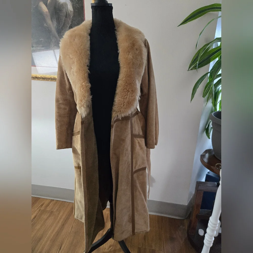 Long Vintage Suede Jacket Faux Fur Collar - Picture 12 of 16